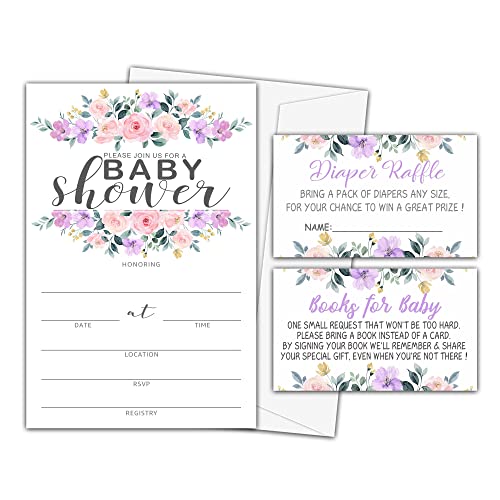 Baby Shower Invitation Kit, Diaper Raffle Games, Books For Baby, Blush Pink Floral Baby Gender Reveal Fill In Invites Cards, Each Design 25 Cards & 25 Envelopes （A Total of 100 set） - BABYSET-001