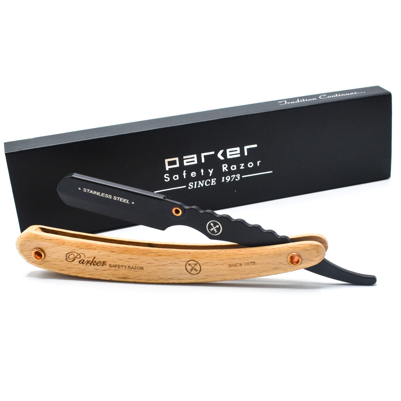 Parker SRP, Pine Wood Handle Straight Edge Barber Razor with Stainless Steel Blade Arm for Professionals, 5 Blades Included