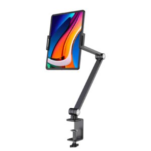 bewiser ipad desk mount, tablet holder for desk or bed,rotate 360 degrees of flexible, height and angle adjustable, aluminium alloy arm clamp mount compatible with4.7-15.6" screen (space gray)