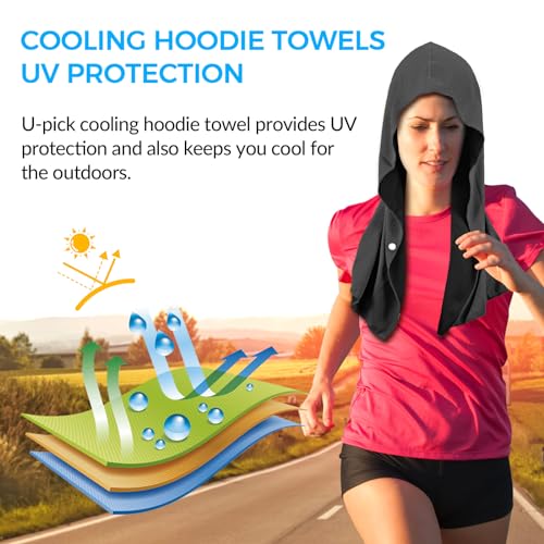 U-pick Cooling Towels Hoodie Towel for Neck and Face, UV Sun Protection Breathable Soft Instant Cool, Quick Dry Sweat Towel for Gym, Golf, Running, Beach, Camping & More (25"x12")