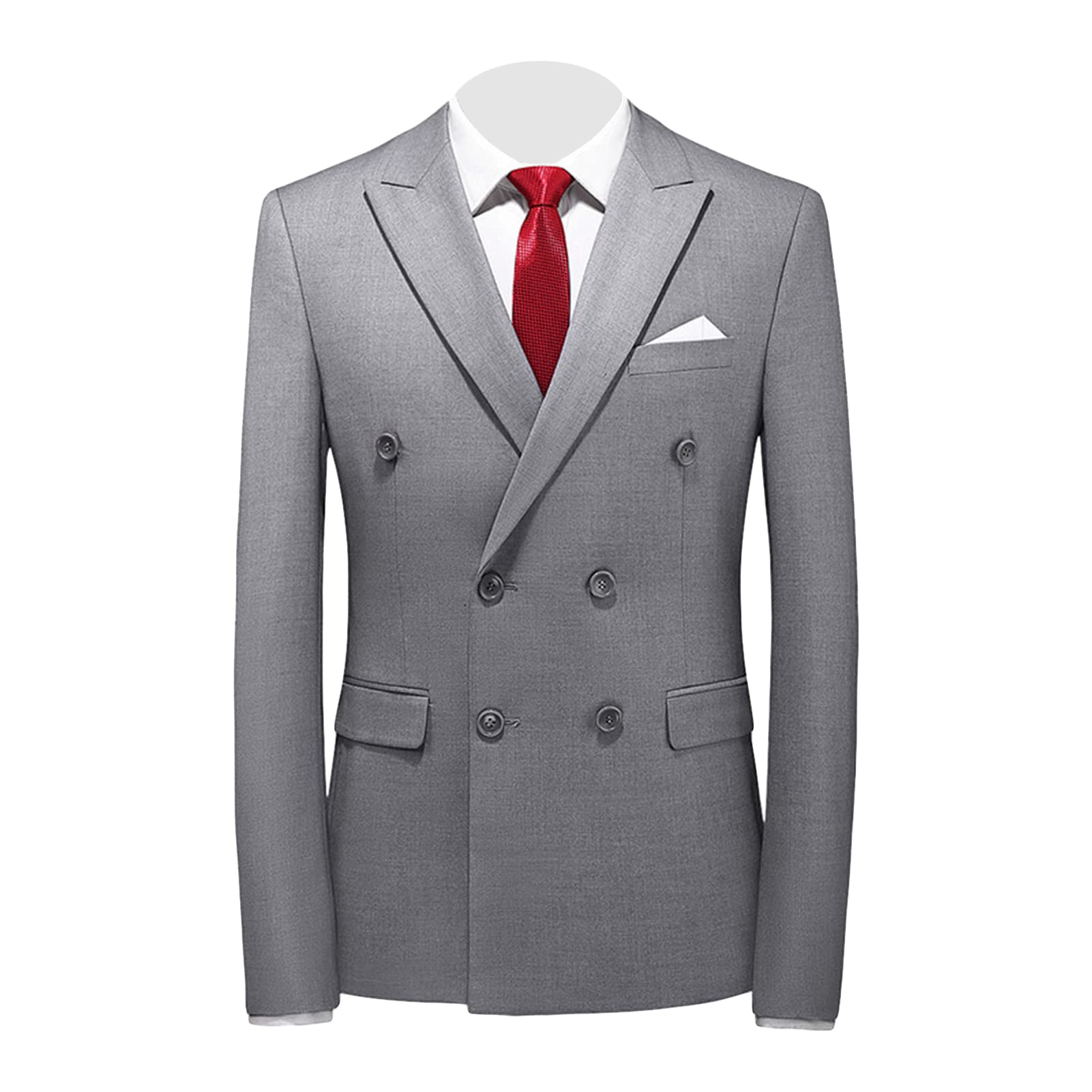 Men's Slim Fit Double Breasted Jacket Slim Fit Business Daily Prom Blazer Peak Lapel Groom Wedding Party Suit Coat (Grey,Large)