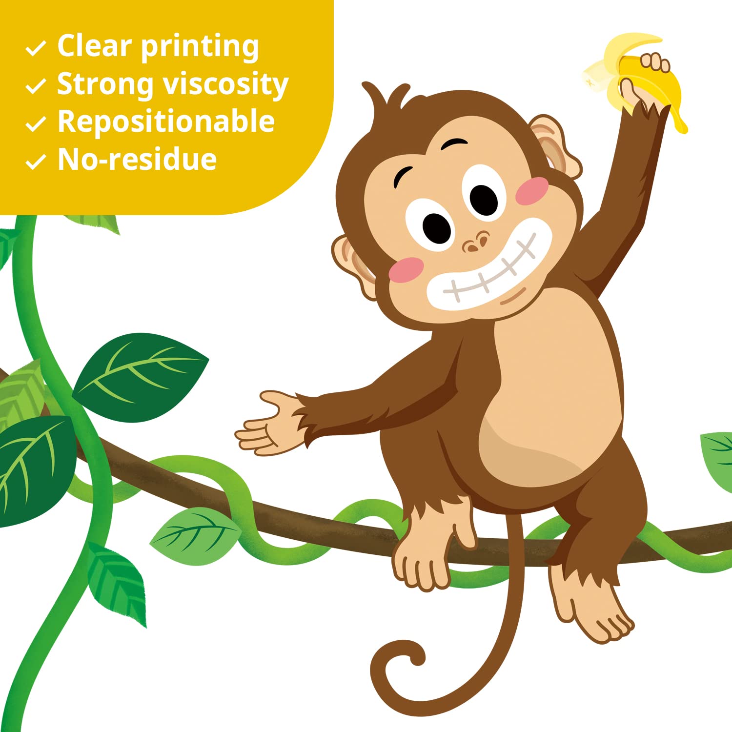 DECOWALL DS9-8053 Monkey Vines Wall Decals Kids Stickers Nursery Room Bedroom décor Living Baby Tree Removable Animal Peel Stick Jungle Art Green Home playroom Vinyl Leaves Decoration