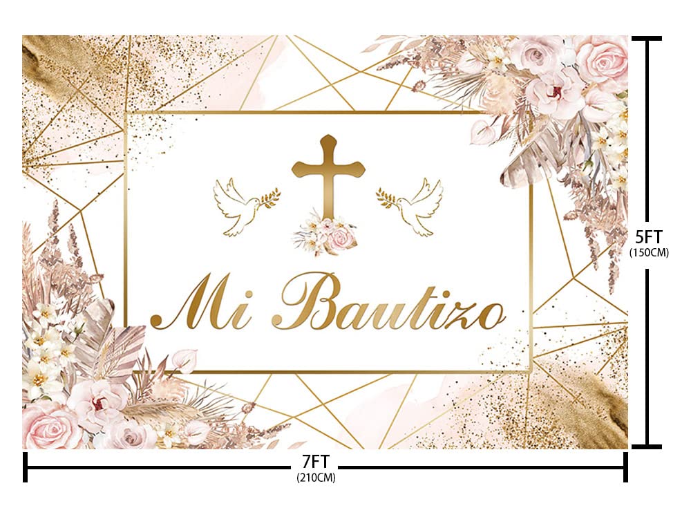 AIBIIN 7x5ft Boho Mi Bautizo Backdrop Mexican Baptism Christening Girl First Holy Communion Party Decorations Bohemian Pink Floral Pampas Photography Background Newborn Baby Shower Photo Booth Props