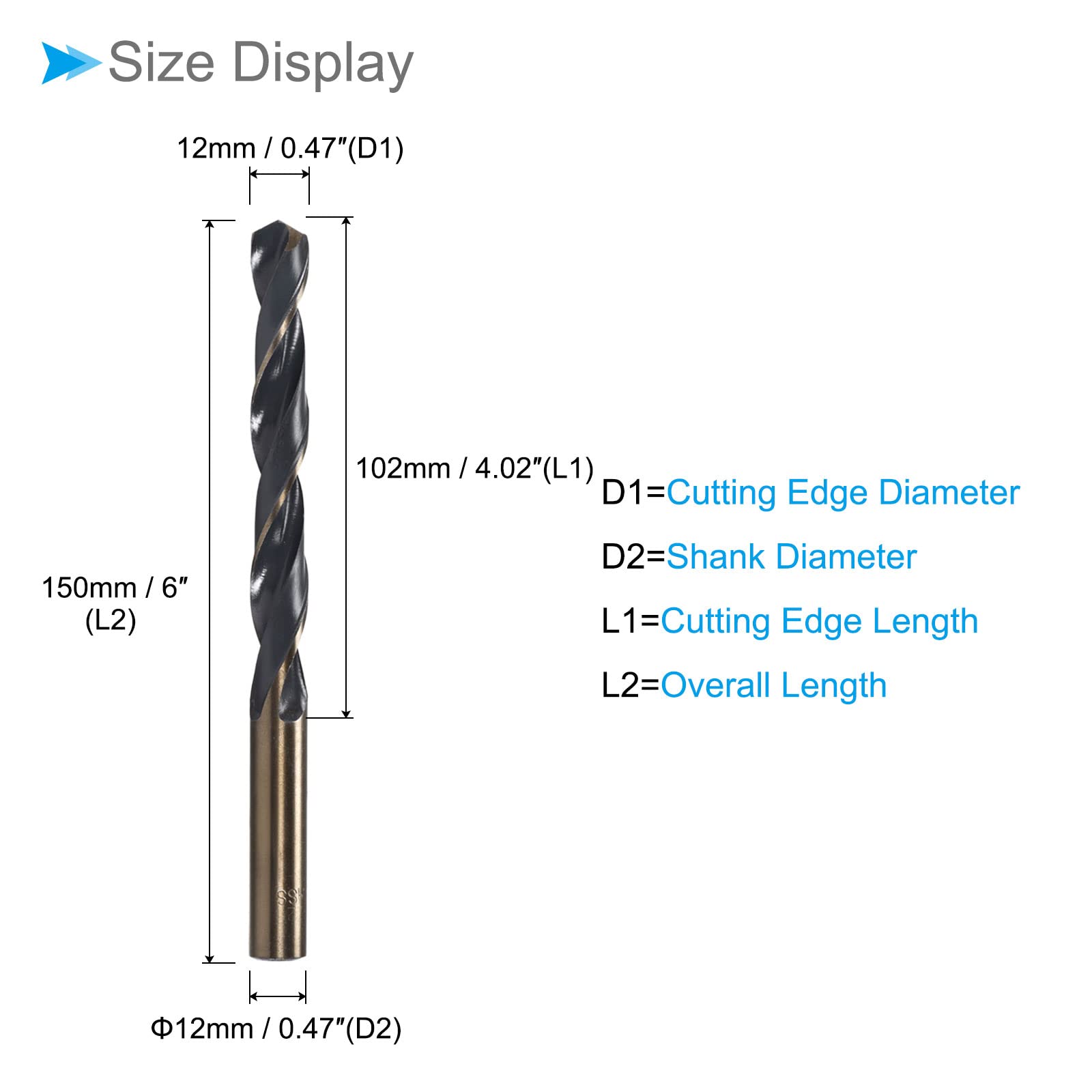 CoCud Twist Drill Bits, 12mm Cutting Edge, Titanium & Nitride Coated High Speed Steel 4341 Round Shank - (Applications: for Stainless Steel Drilling Machine), 1-Piece