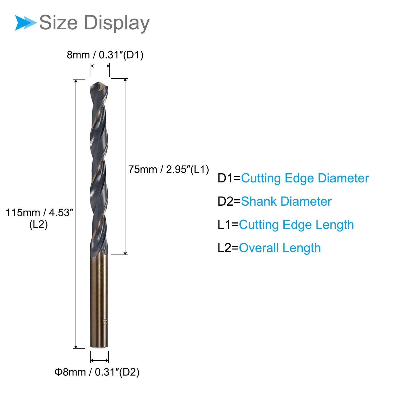 CoCud Twist Drill Bits, 8mm Cutting Edge, Titanium & Nitride Coated High Speed Steel 4341 Round Shank - (Applications: for Stainless Steel Drilling Machine), 2-Pieces