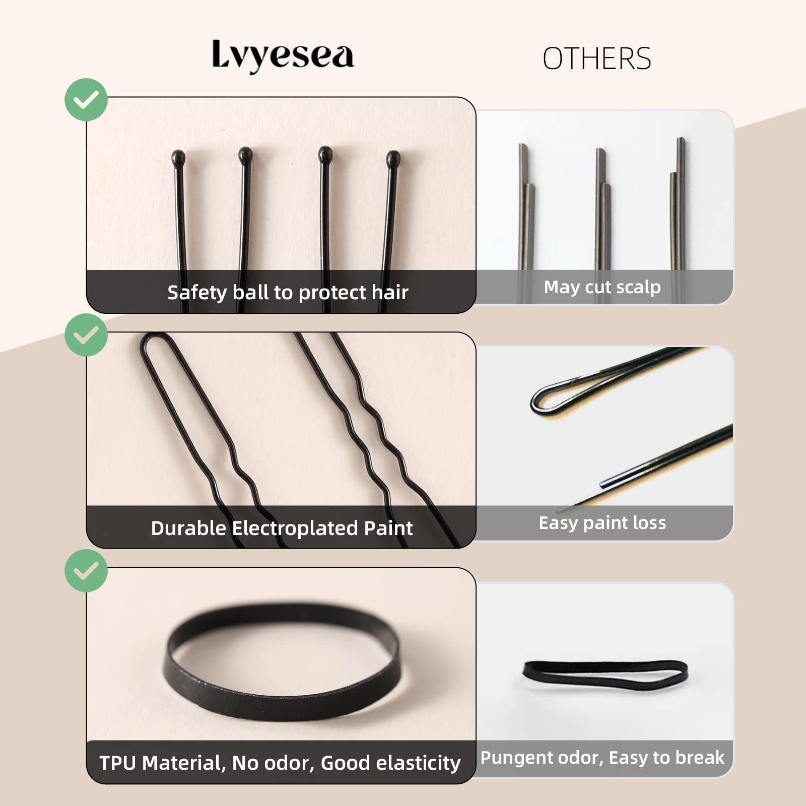 Lvyesea 400Pcs Hair Pins Kit, Including 100 Pcs U-Shaped 100 Pcs Bobby Pin and 200 Pcs Hair Rubber Bands with Storage Box Hair Pins for All Hair Types (Black, Gold)