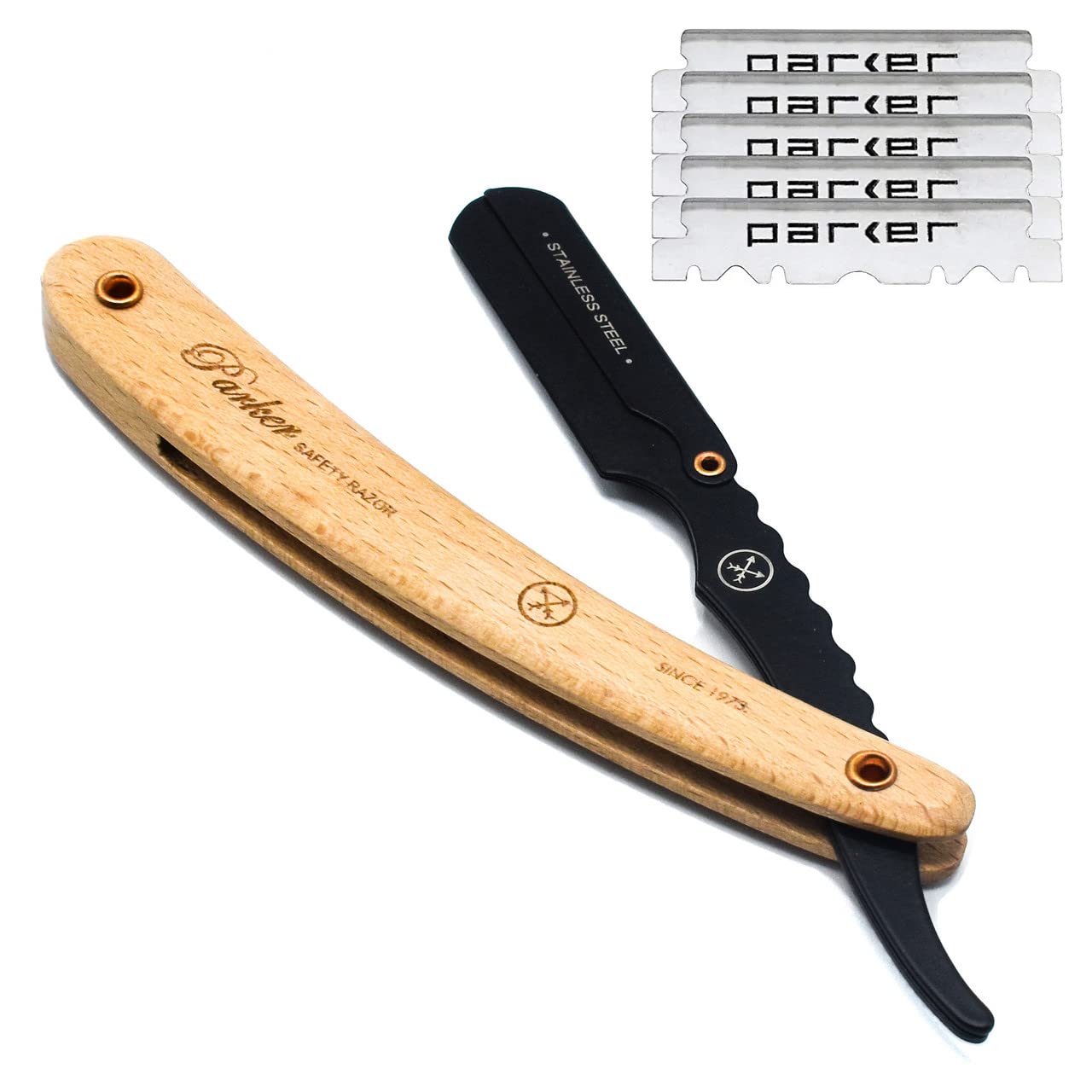 Parker SRP, Pine Wood Handle Straight Edge Barber Razor with Stainless Steel Blade Arm for Professionals, 5 Blades Included