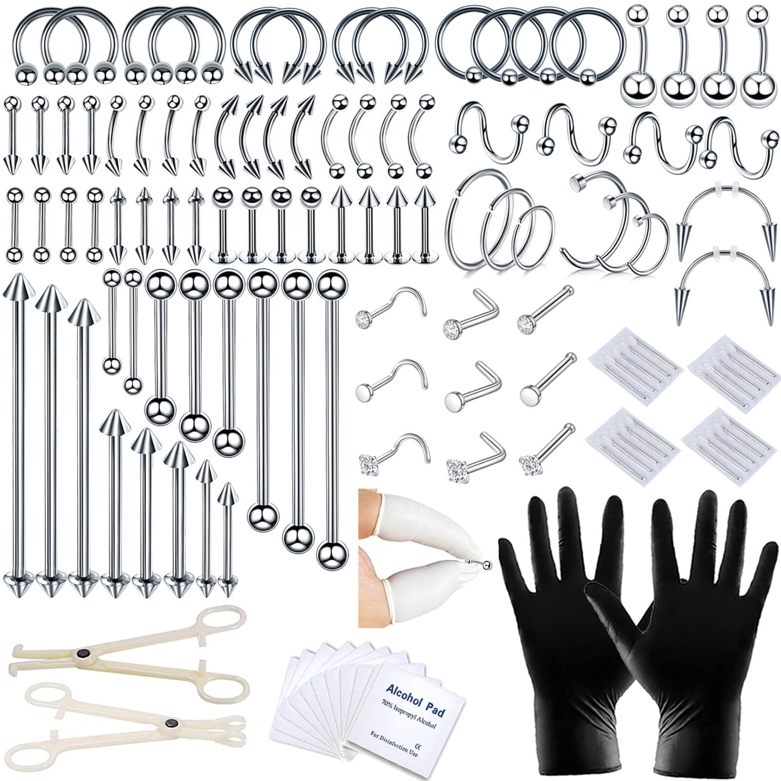 120 PCS Body Piercing Kit Nose Stud Piercing Kits for All Body Piercings Stainless Steel Jewelry with 12G 14G 16G Piercing Needles for Ear Cartilage Tragus Nose Septum Lip Nipple Belly Button