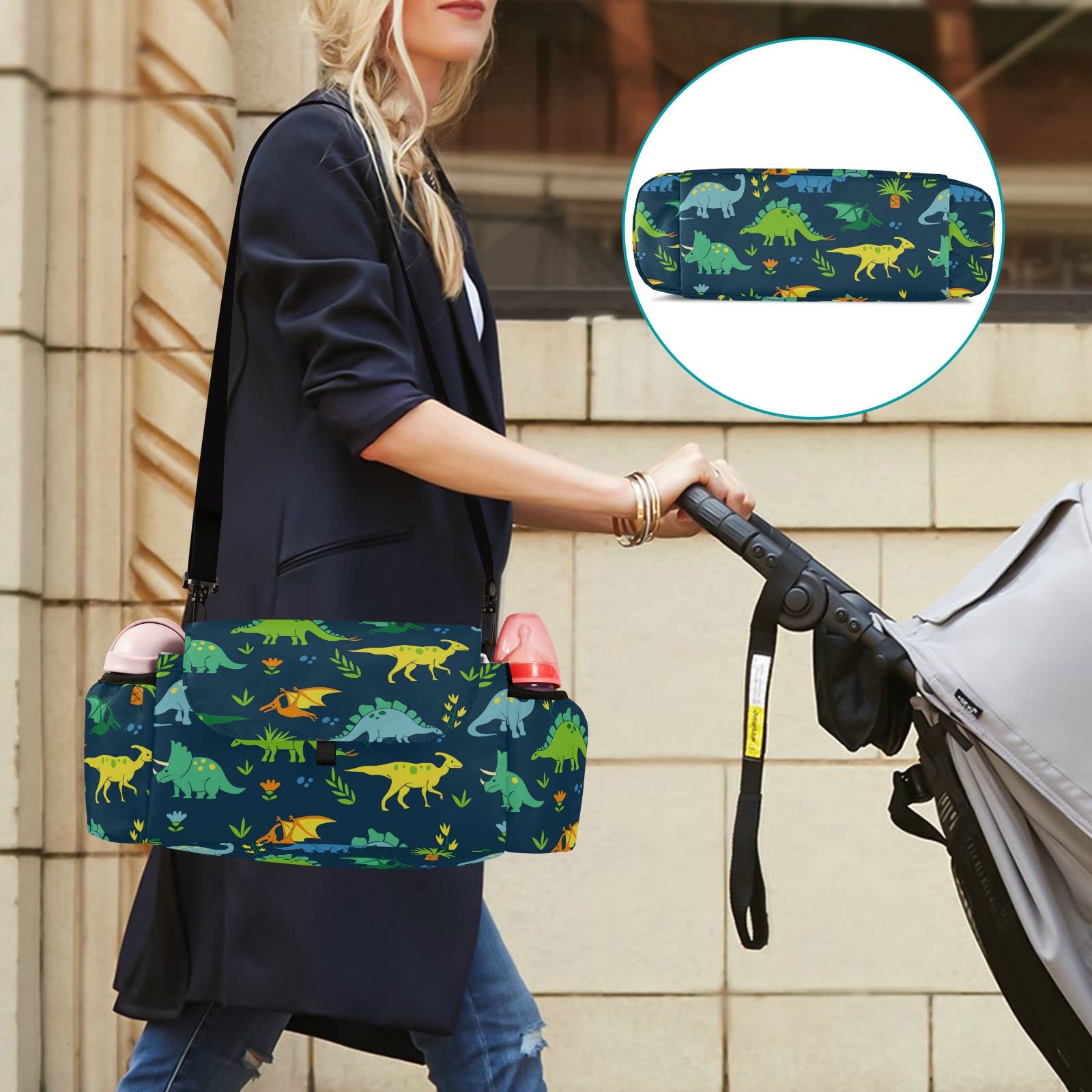 MCHIVER Dinosaur Baby Stroller Organizer with Adjustable Straps Non-slip Stroller Caddy with Cup Holders Large Capacity Stroller Bag for Toy Snacks Phone Baby Essentials