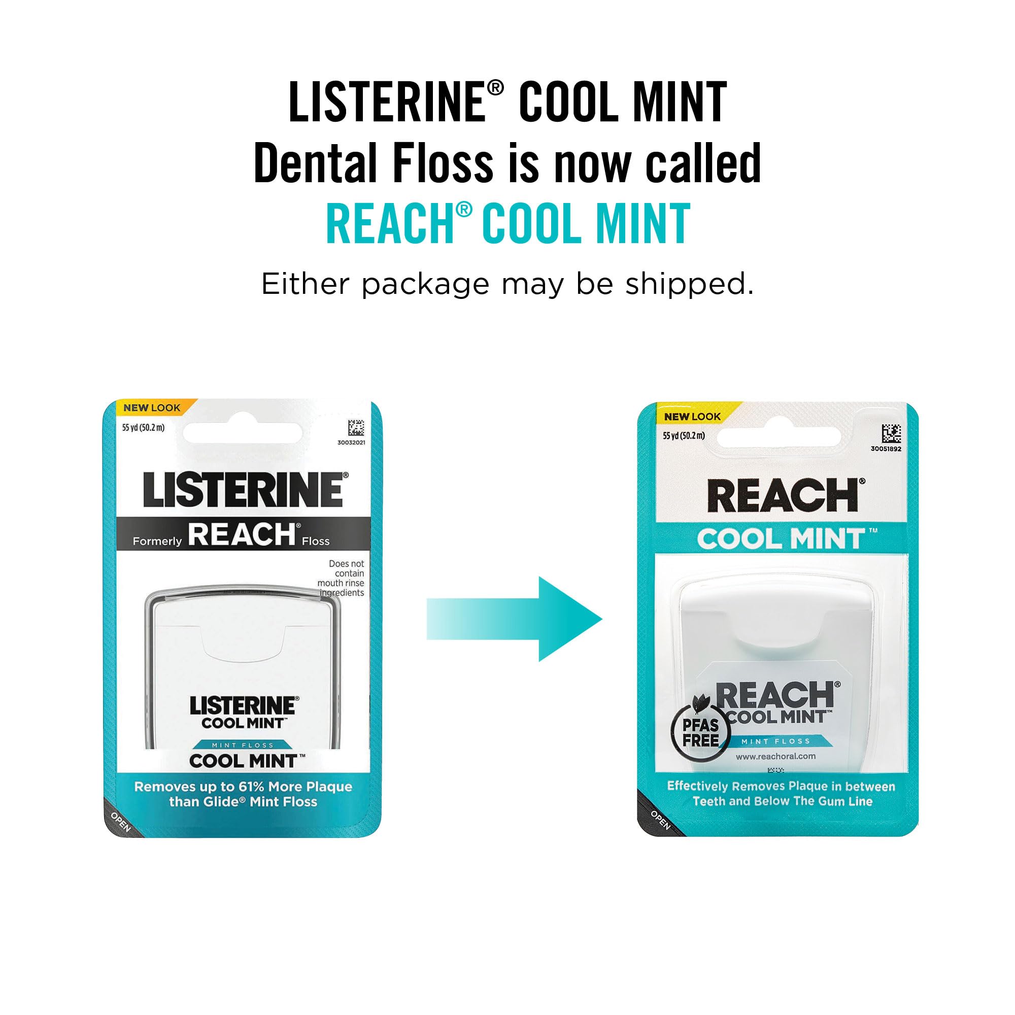 REACH Listerine Cool Mint Dental Floss 55yd, Plaque Remover, Shred Resistant, Waxed, Easy on Gums & Teeth, Fresh Mint, PFAS-Free, Fresh Breath, for Adults & Kids, 1 Pack