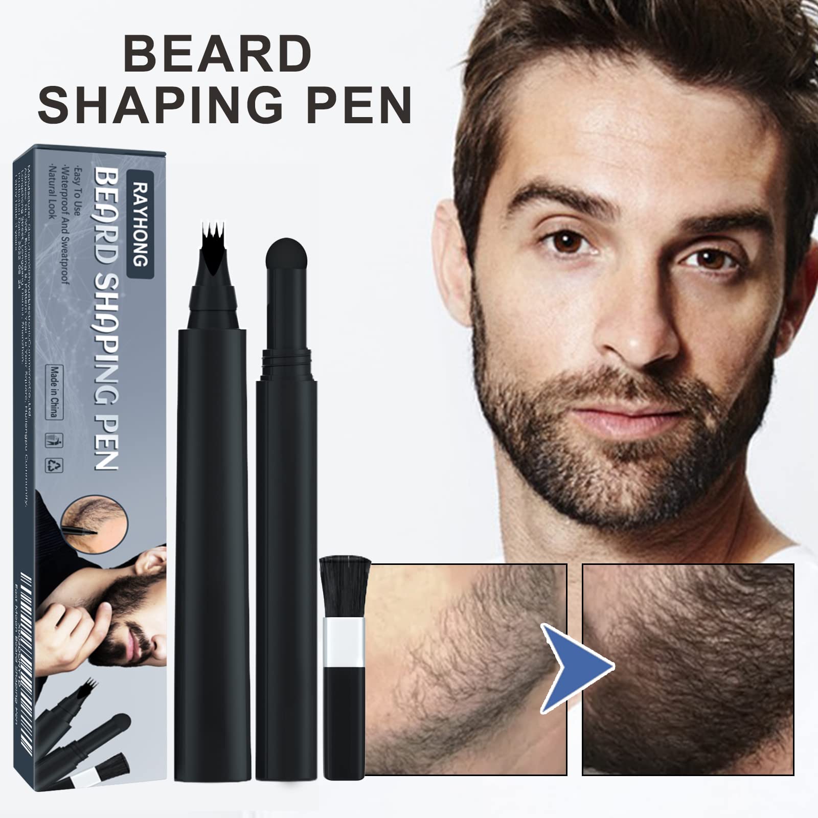 Beard Pencil Filler For Men, with 4 Tip Beard Filling Pen, Beard Powder, Brush and Barber Pencil for Man Creates Natural Looking Beard and Eyebrows