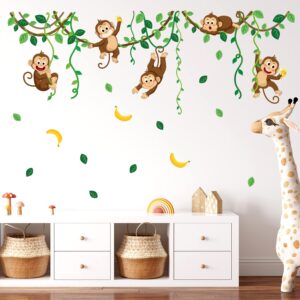 DECOWALL DS9-8053 Monkey Vines Wall Decals Kids Stickers Nursery Room Bedroom décor Living Baby Tree Removable Animal Peel Stick Jungle Art Green Home playroom Vinyl Leaves Decoration