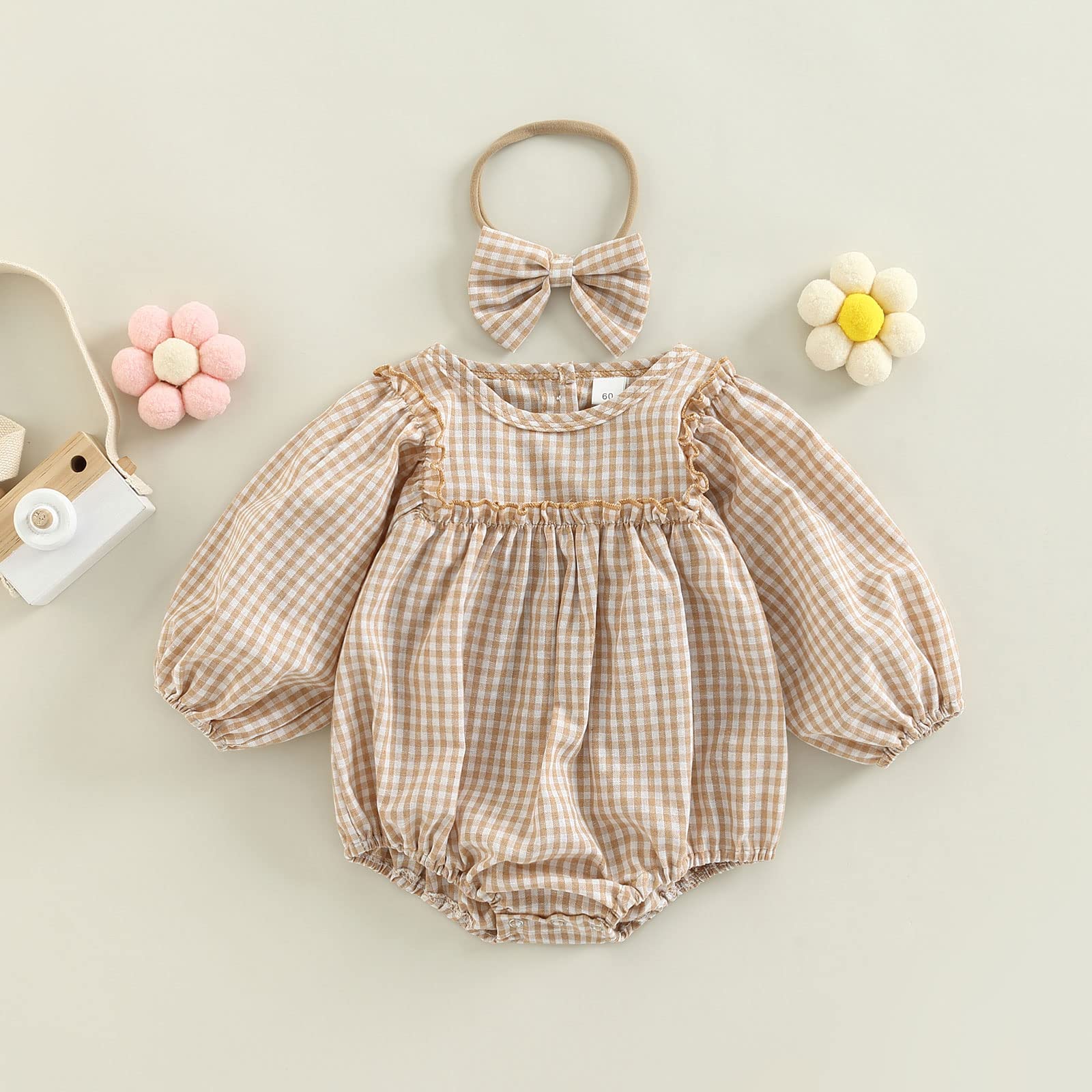 Douhoow Infant Baby Girl Plaid Romper Baby Sweatshirt Romper Ruffle Festival Clothes Fall Winter Outfits with Headband (Khaki plaid, 0-3 Months)