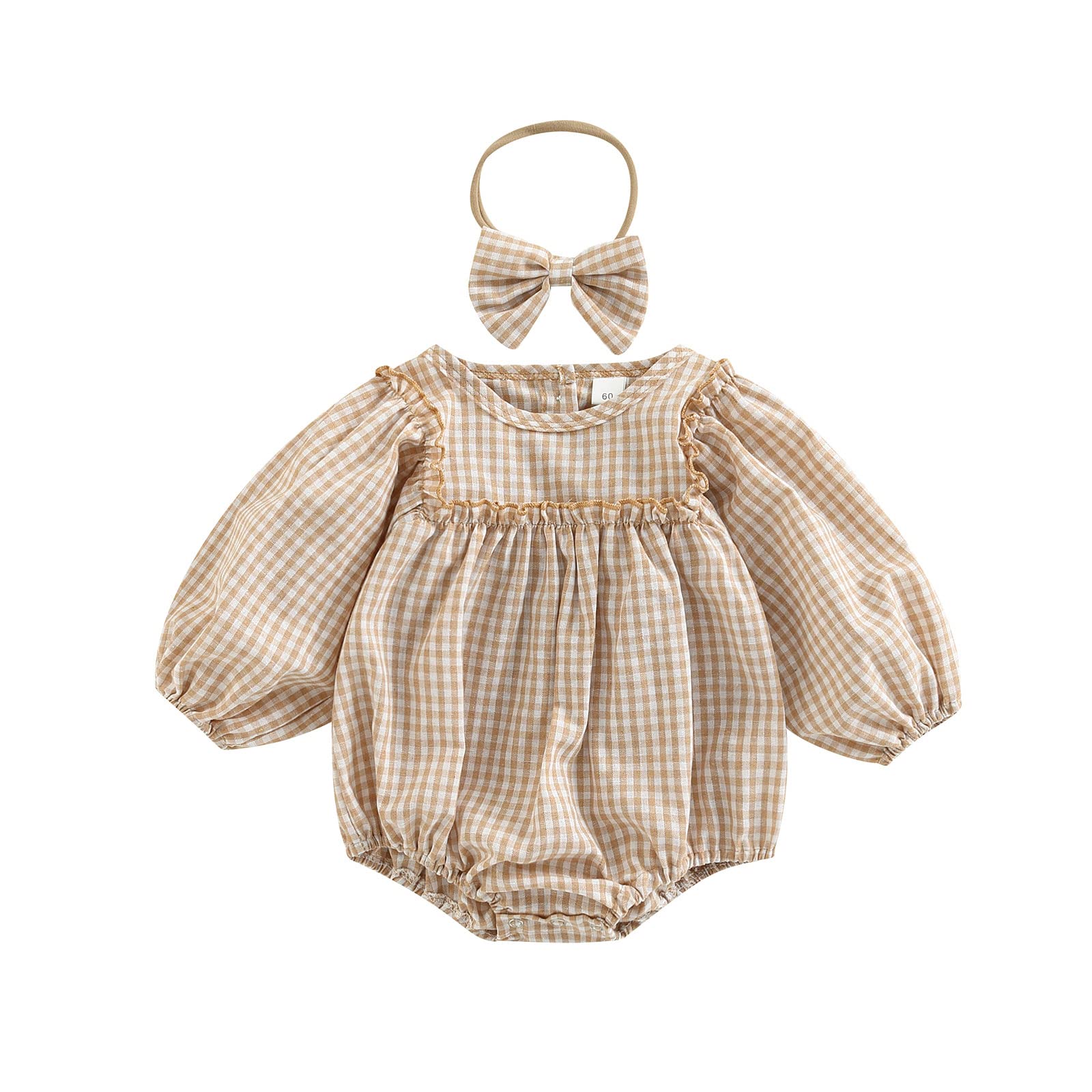 Douhoow Infant Baby Girl Plaid Romper Baby Sweatshirt Romper Ruffle Festival Clothes Fall Winter Outfits with Headband (Khaki plaid, 0-3 Months)