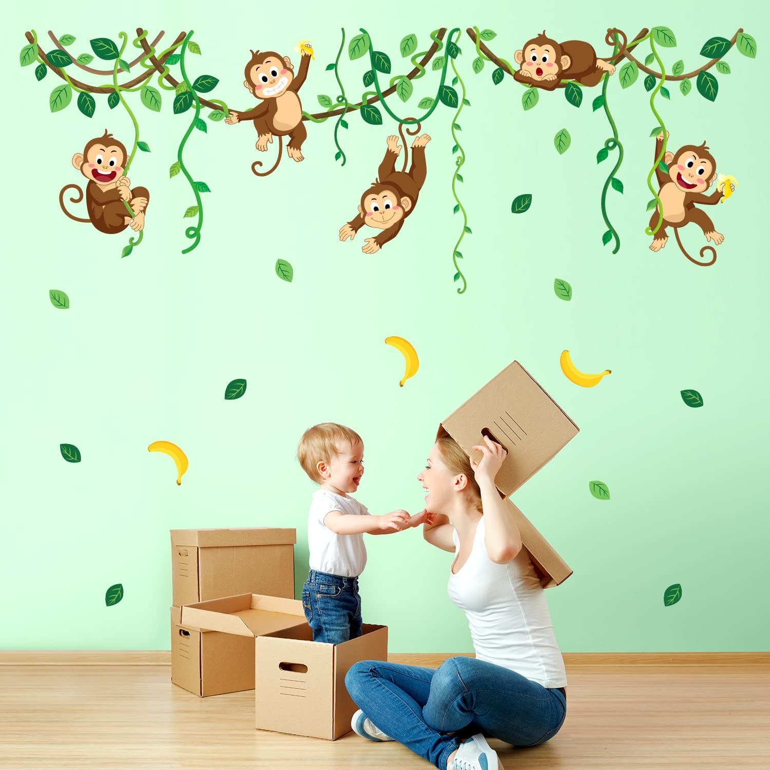 DECOWALL DS9-8053 Monkey Vines Wall Decals Kids Stickers Nursery Room Bedroom décor Living Baby Tree Removable Animal Peel Stick Jungle Art Green Home playroom Vinyl Leaves Decoration