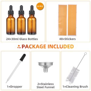 Fashionwu Dropper Bottle 1 oz, 24 Pieces Eye Dropper Bottle, 30ml Amber Glass Bottle for Essential Oils, Liquids, Essential Oil Dropper Bottle with 3pcs Stainless Steel Funnels, Long Glass Dropper