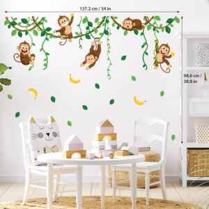 DECOWALL DS9-8053 Monkey Vines Wall Decals Kids Stickers Nursery Room Bedroom décor Living Baby Tree Removable Animal Peel Stick Jungle Art Green Home playroom Vinyl Leaves Decoration