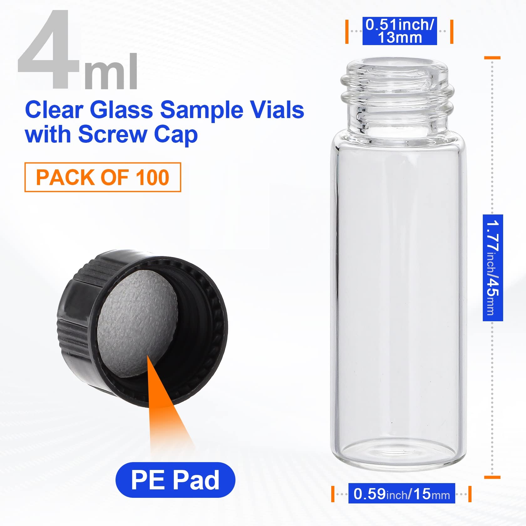 creahub 100 Pack 4ml Glass Vials with Screw Caps, Clear Liquid Sample Vial Bottles, Lab/Travel Storage Vials for Essential Oil, Perfume, Meds, Reagent, Anointing Oil