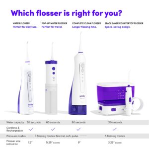 SmileDirectClub Space Saver Countertop Water Flosser – Large Capacity Water Reservoir, 120 Seconds of Flossing Time, Cordless, Rechargeable, Oral Irrigator with 5 Modes, Travel Case and 2 Flosser Tips