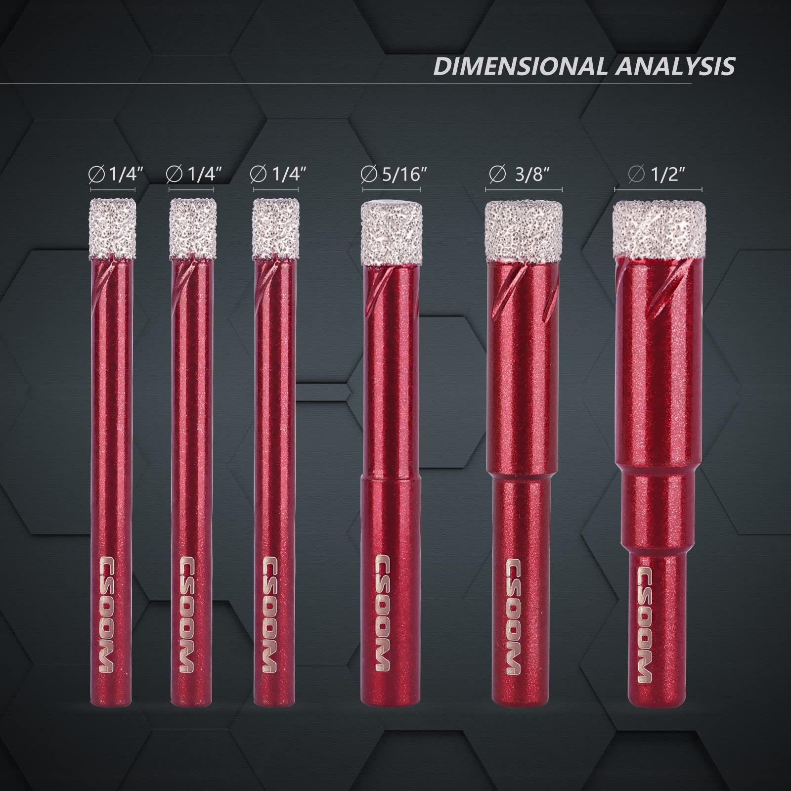 CSOOM Professional Grade Dry Diamond Drill Bit Set - 5 Pieces Shank Sizes of 1/4"*3, 5/16", 3/8", and 1/2" for Granite, Ceramic, Marble, Tile, Glass, and Hard Materials (Not for Wood)