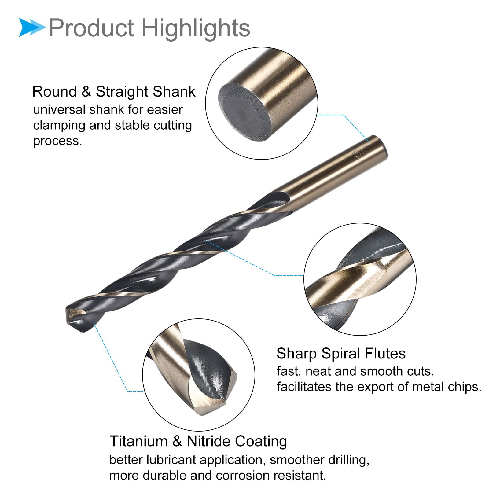 CoCud Twist Drill Bits, 12mm Cutting Edge, Titanium & Nitride Coated High Speed Steel 4341 Round Shank - (Applications: for Stainless Steel Drilling Machine), 1-Piece