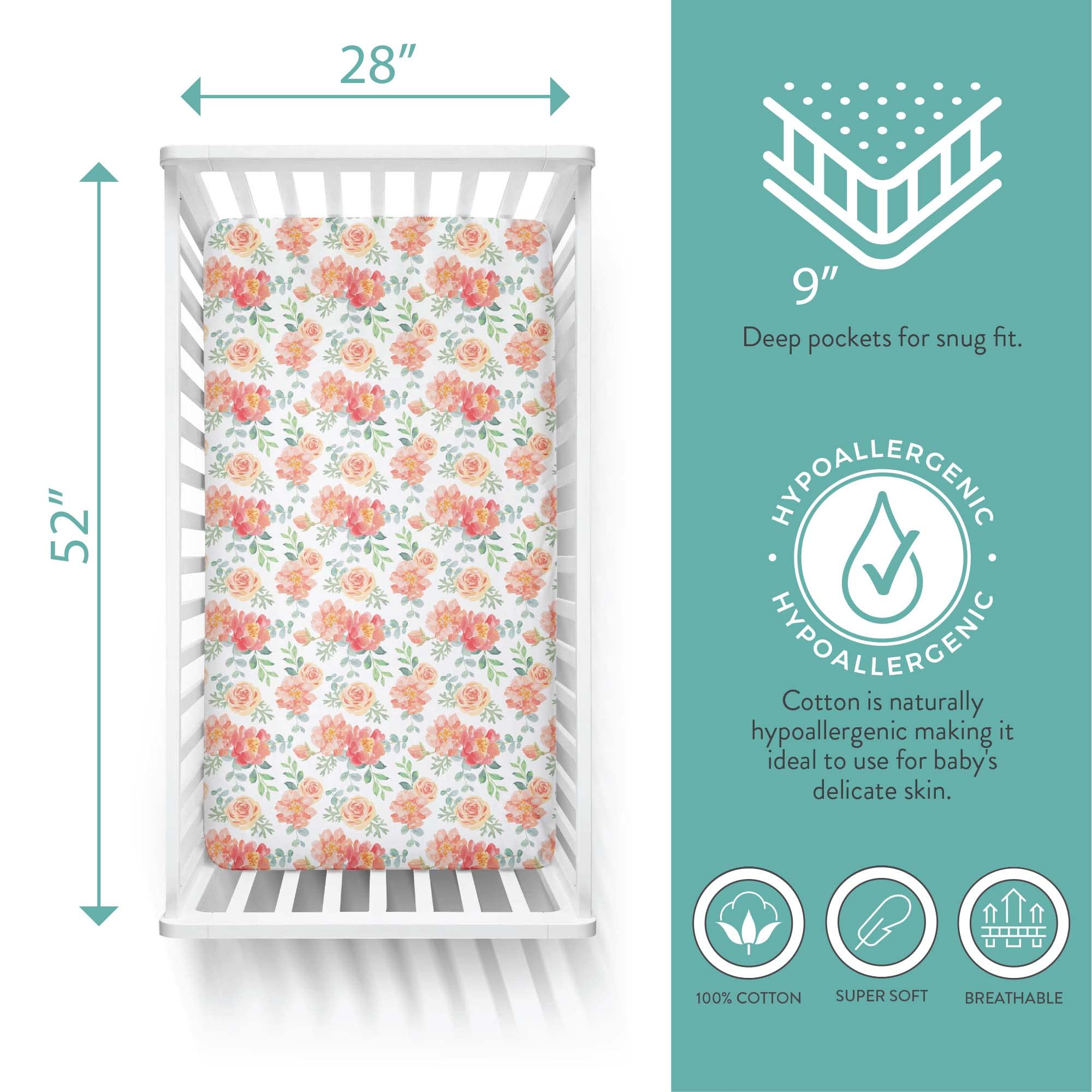 Featherhead™ 2-Pack Fitted Crib Sheets - 100% Cotton - 52" x 28" x 9" for Standard Crib and Toddler Mattress (Jersey Garden Floral)