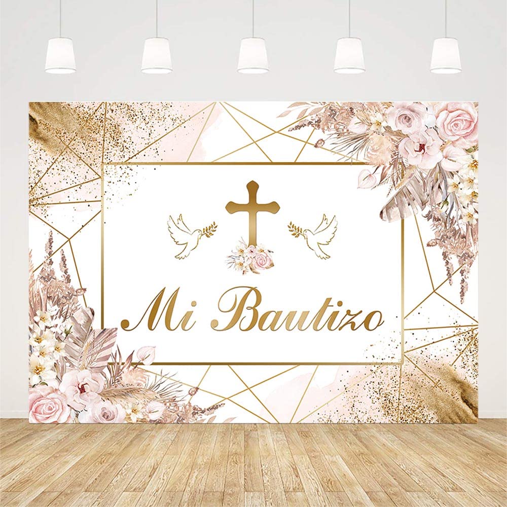 AIBIIN 7x5ft Boho Mi Bautizo Backdrop Mexican Baptism Christening Girl First Holy Communion Party Decorations Bohemian Pink Floral Pampas Photography Background Newborn Baby Shower Photo Booth Props