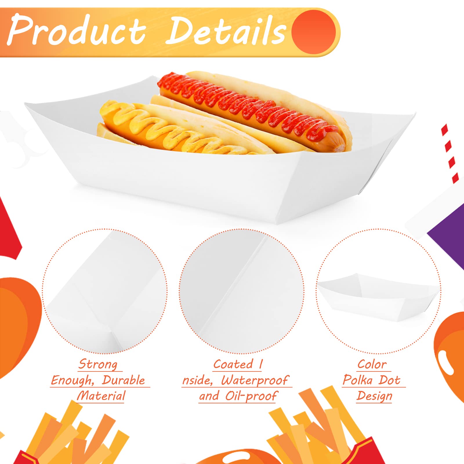 Handepo 300 Pieces Food Trays Bulk Disposable Paper Food Boats Hot Dog Serving Trays White Nacho Trays for Popcorn Taco Snack Fast Food Carnivals Festivals Party Favors Supplies Decorations（2LB）