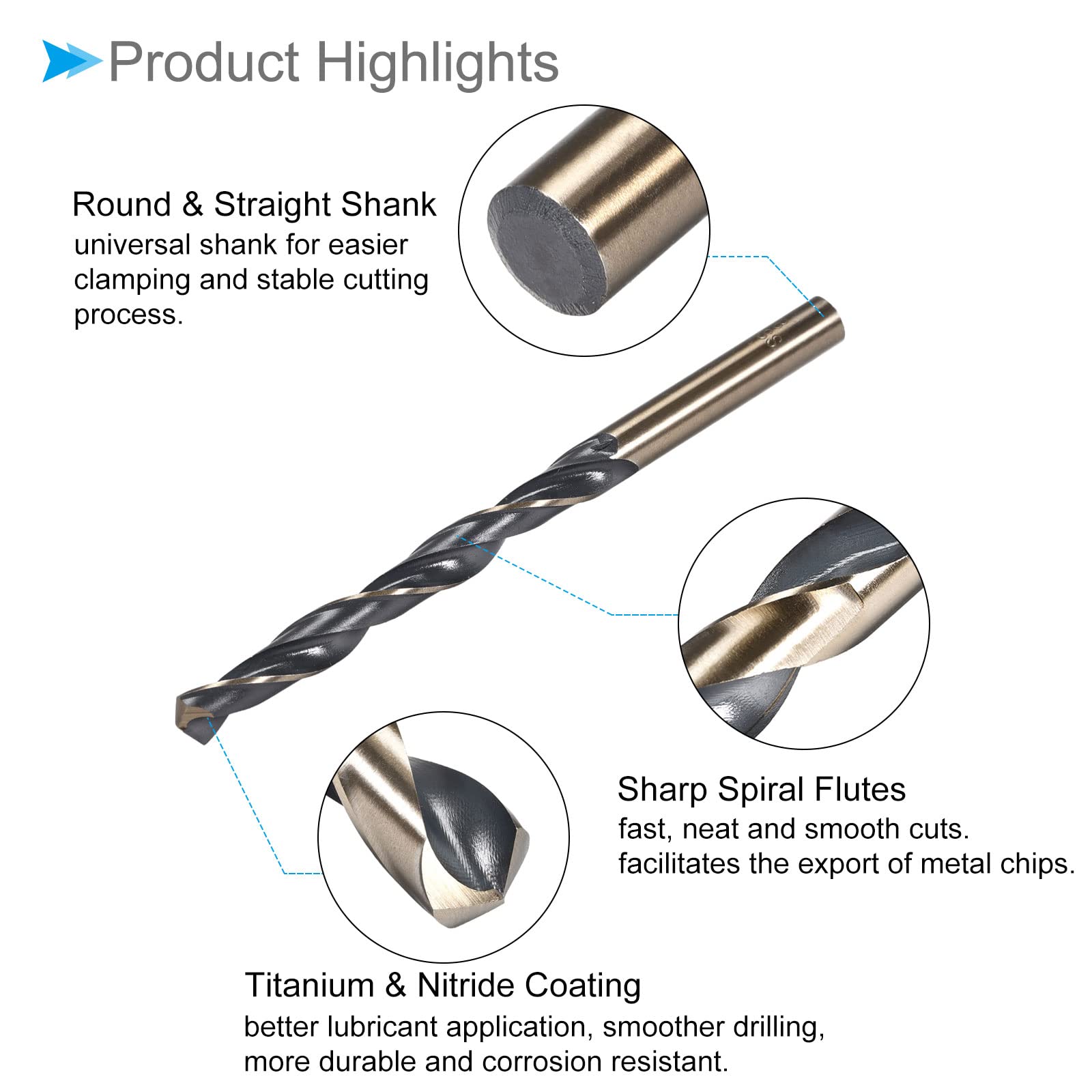 CoCud Twist Drill Bits, 8mm Cutting Edge, Titanium & Nitride Coated High Speed Steel 4341 Round Shank - (Applications: for Stainless Steel Drilling Machine), 2-Pieces