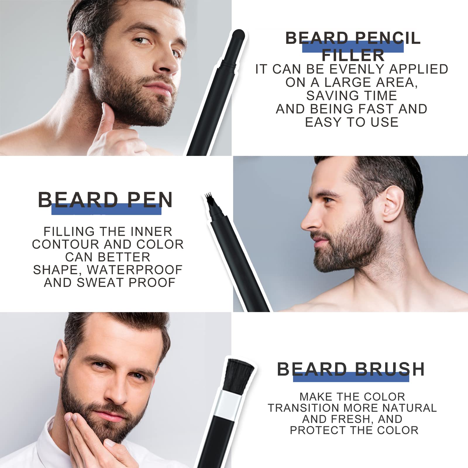 Beard Pencil Filler For Men, with 4 Tip Beard Filling Pen, Beard Powder, Brush and Barber Pencil for Man Creates Natural Looking Beard and Eyebrows