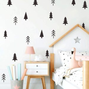 Small Pine Tree Wall Sticker Vinyl Black Tree Wall Decals Forest Tree Wall Stickers Woodland Tree Decals Peel and Stick Pine Tree Wall Decals for Nursery Kids Room Bedroom Decor