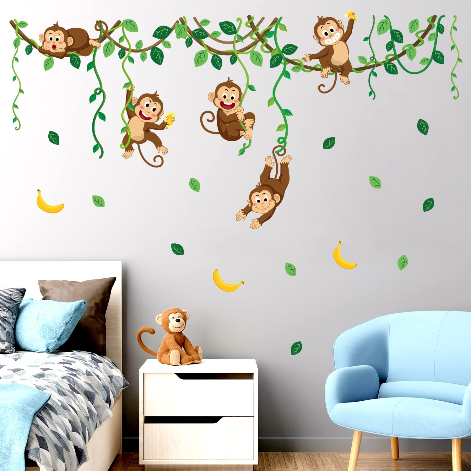 DECOWALL DS9-8053 Monkey Vines Wall Decals Kids Stickers Nursery Room Bedroom décor Living Baby Tree Removable Animal Peel Stick Jungle Art Green Home playroom Vinyl Leaves Decoration