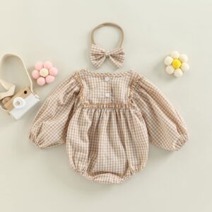 Douhoow Infant Baby Girl Plaid Romper Baby Sweatshirt Romper Ruffle Festival Clothes Fall Winter Outfits with Headband (Khaki plaid, 0-3 Months)