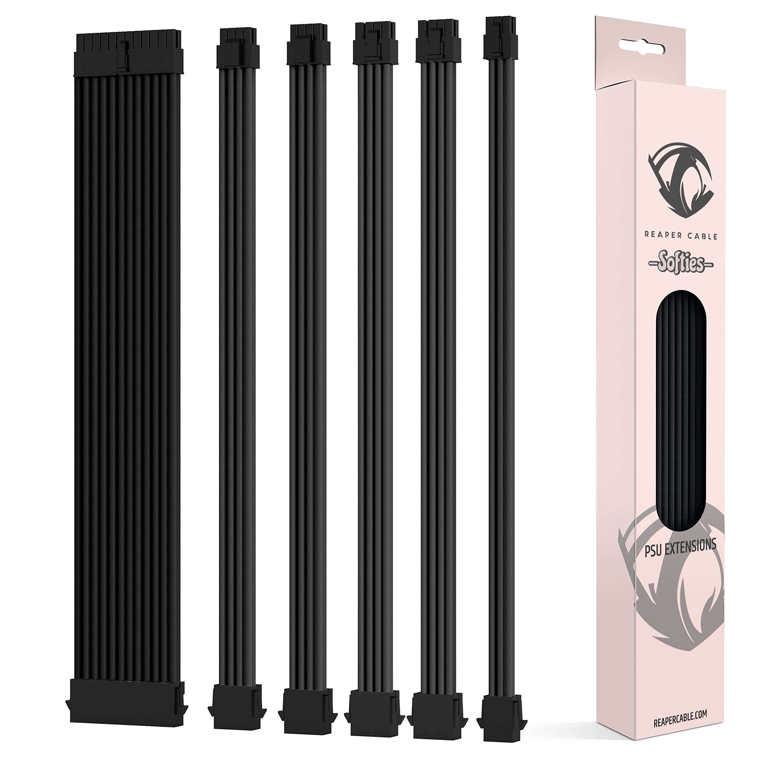 Reaper Cable Softies - Soft & Supple Sleeved PSU Extension Set - Power Supply Extensions - 1x 24 Pin / 2X 4+4 Pin / 2X 6+2 Pin / 1x 6-Pin - 30cm (Black)