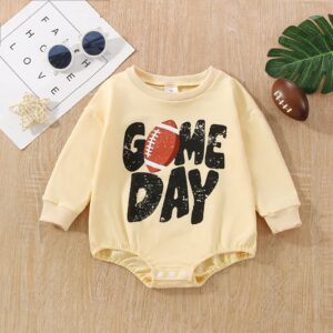 Socutebabe Baby Boy Girl Fall Cothes Football Sweatshirt Romper Long Sleeve Creweck Onesie Thanksgiving Outfit (A Game Day Beige,0-6 Months)