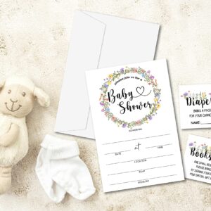 Baby Shower Invitation Kit, Diaper Raffle Games, Books For Baby, Greenery Boho Floral Baby Gender Reveal Fill In Invites Cards, Each Design 25 Cards & 25 Envelopes （A Total of 100 set）- BABYSET-013