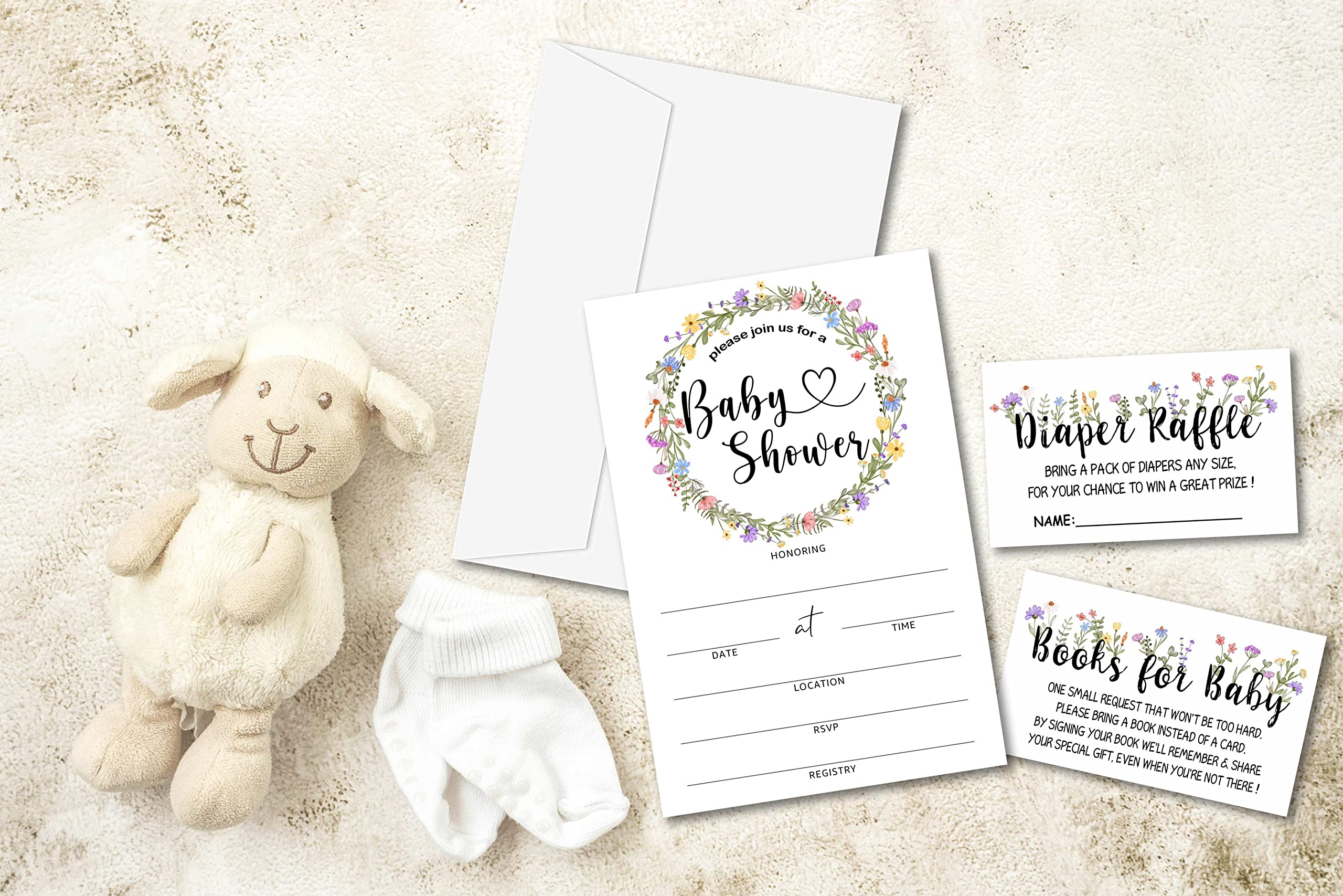 Baby Shower Invitation Kit, Diaper Raffle Games, Books For Baby, Greenery Boho Floral Baby Gender Reveal Fill In Invites Cards, Each Design 25 Cards & 25 Envelopes （A Total of 100 set）- BABYSET-013