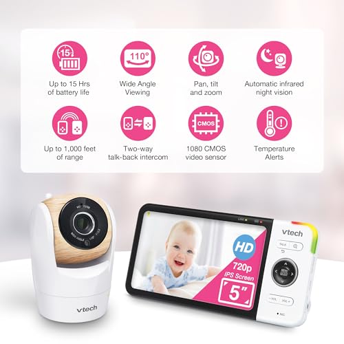 VTech VM928HD 5” 720p HD Display, Super 110 Wide Angle View Baby Monitor, Remote Pan-Tilt-Zoom,Night Vision, Up to 1000ft Range, Temperature Sensor, 9 Soothing Sounds & Lullabies,2-way Talk, No WiFi