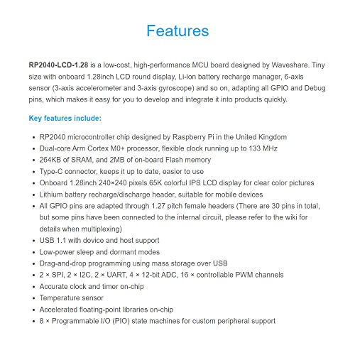 Waveshare RP2040 MCU Board with 1.28inch Round LCD Accelerometer and Gyroscope Sensor