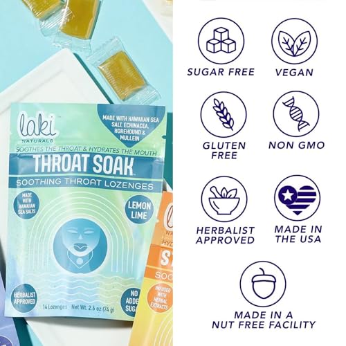 Laki Naturals Throat Soak Herbal Throat Lozenges (14 Ct) – Hawaiian Sea Salt Sore Throat & Dry Mouth Soothing Drops – Vegan, Non-GMO, Sugar-Free & Gluten-Free Sweet and Salty Herbal Candies