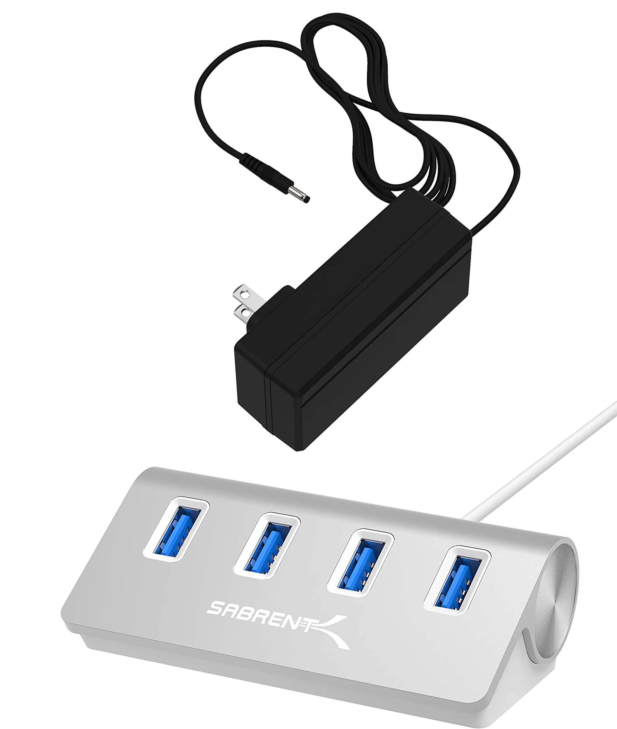 SABRENT Premium 4 Port Aluminum USB 3.0 Hub with 5V 4A 100V-240V to DC Power Adapter