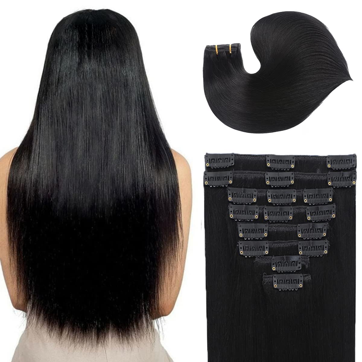 Clip in Hair Extensions,100% Brazilian Virgin Real Human Hair 8pcs Per Set with 18Clips Double Weft (18 Inch, 70g, #1 Jet Black Hair Extensions)