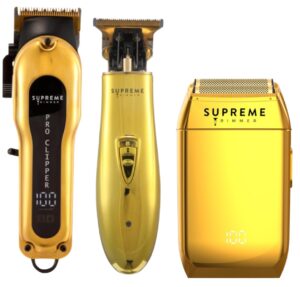 supreme trimmer 3-in-1 barber bundle | pro clipper, t-shaper trimmer & crunch foil shaver | professional beard trimmer men’s hair clipper kit | gold