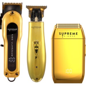 Supreme Trimmer 3-in-1 Barber Bundle | Pro Clipper, T-Shaper Trimmer & CRUNCH Foil Shaver | Professional Beard Trimmer Men’s Hair Clipper Kit | Gold