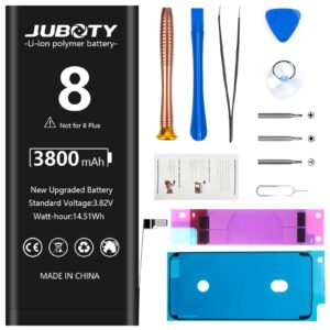 juboty 3800mah battery for iphone 8, li-ion internal new upgrade 0 cycle high capacity replacement battery for iphone 8 model a1863 a1905 a1906 with professional repair tool kit