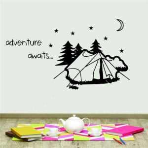 anfrjji adventure awaits camping wall decal - tent and moonlight sticker for rv and club - pvc wall decor (effect size :35"x20"inch) (black-jwh321-camping)