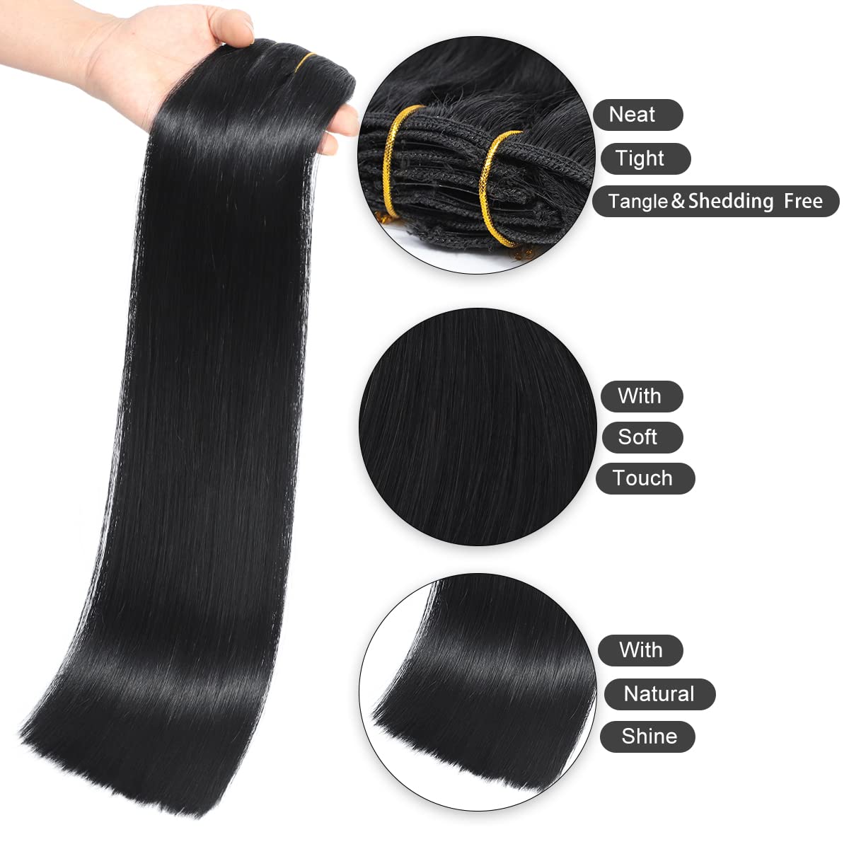 Clip in Hair Extensions,100% Brazilian Virgin Real Human Hair 8pcs Per Set with 18Clips Double Weft (18 Inch, 70g, #1 Jet Black Hair Extensions)