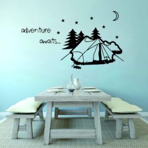 ANFRJJI Adventure Awaits Camping Wall Decal - Tent and Moonlight Sticker for RV and Club - PVC Wall Decor (Effect Size :35"x20"inch) (Black-JWH321-Camping)