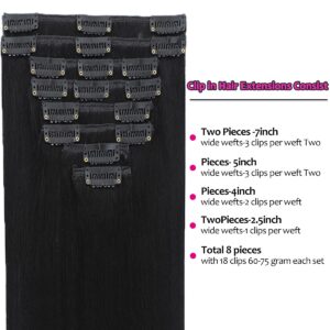 Clip in Hair Extensions,100% Brazilian Virgin Real Human Hair 8pcs Per Set with 18Clips Double Weft (18 Inch, 70g, #1 Jet Black Hair Extensions)