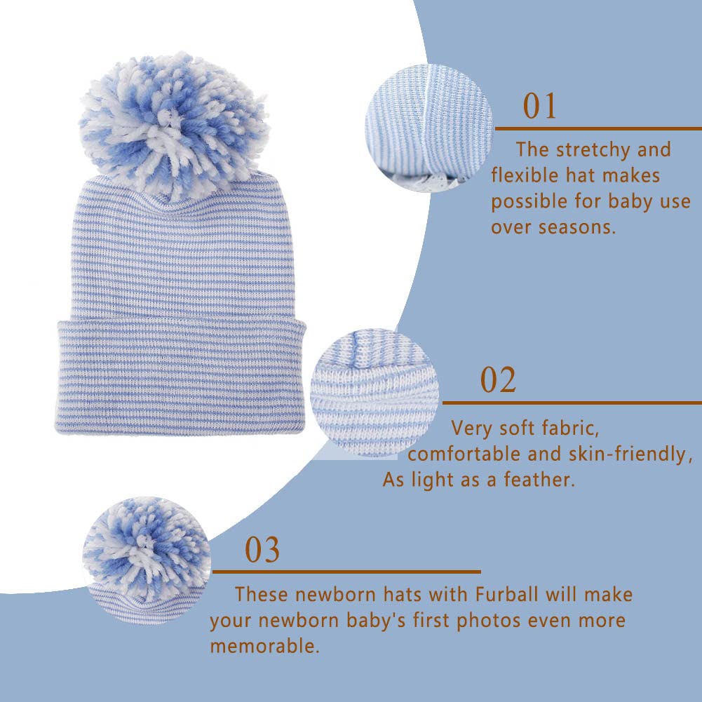 upeilxd Newborn Baby Hat Infant Caps Baby Boy Girl Toddler Hospital Hats Bow Double Layer Knit Beanie Cap for 0-3 Months (3 Pcs Hairball Hat -C)